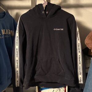 Coach Black Hoodie with White Logo Tape Sleeves